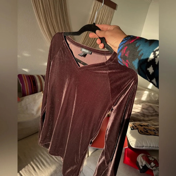 DKNY Womens Chocolate Brown Velvet Long Sleeve Shirt - M - Picture 1 of 12